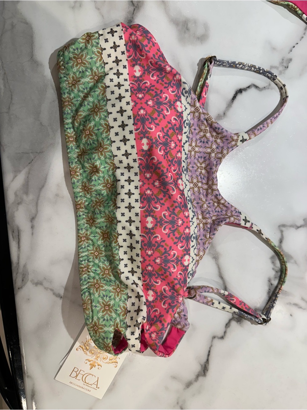 BECCA Mixed-Print Striped Bikini Top in Pink, Green, Purple